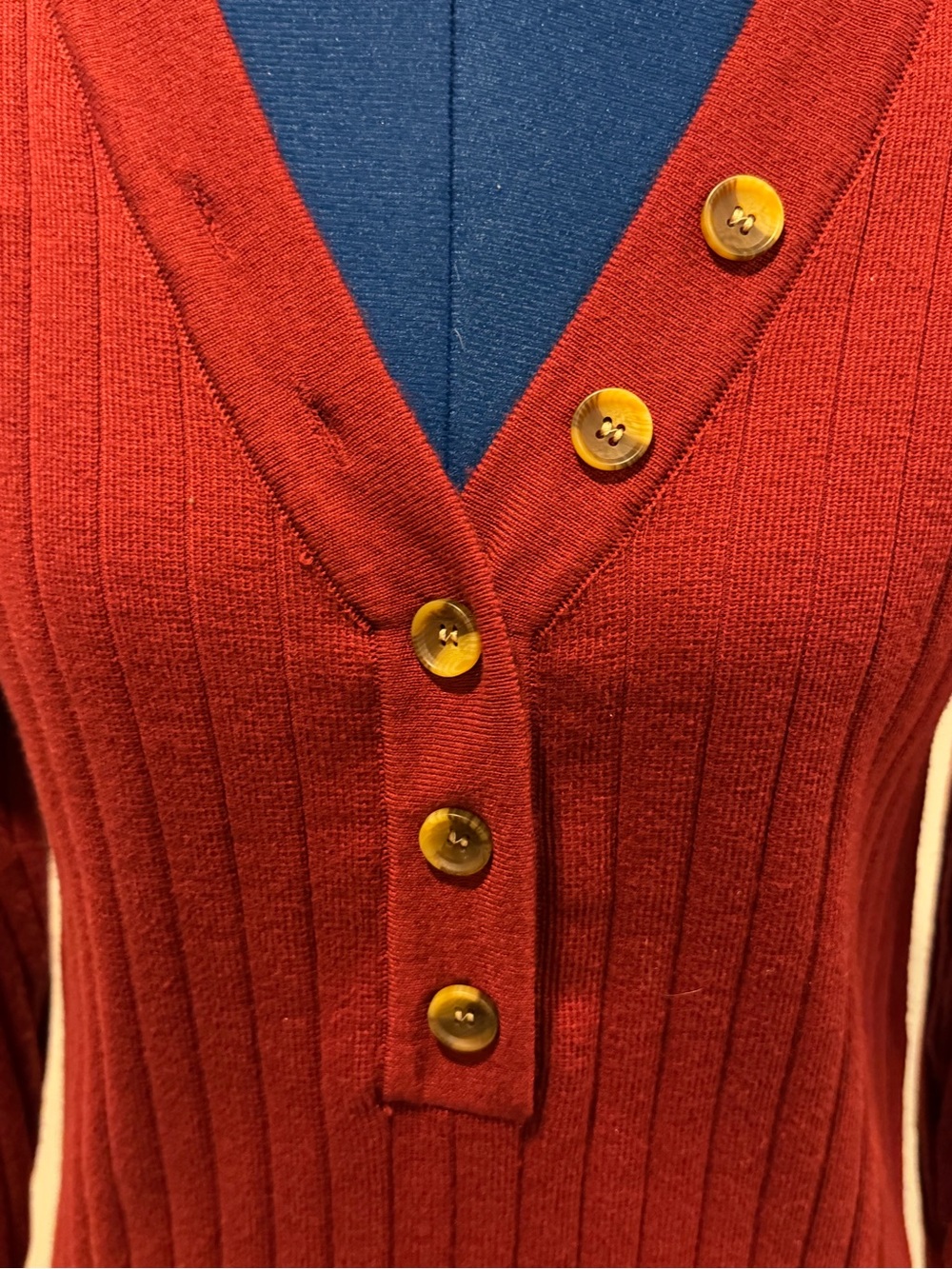 Classic Ribbed Stretch V-Neck Button Sweater - Red - Picture 2 of 8